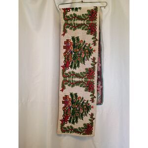 Vintage Christmas Tapestry Table Runner Extra Long 80"x12" Woven Tree Teddy Bear